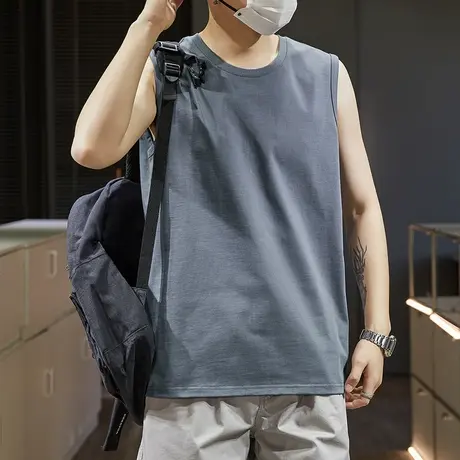 唐狮春夏季男背心学生宽松纯色坎肩无袖T恤背心吊带纯棉圆领打底图片