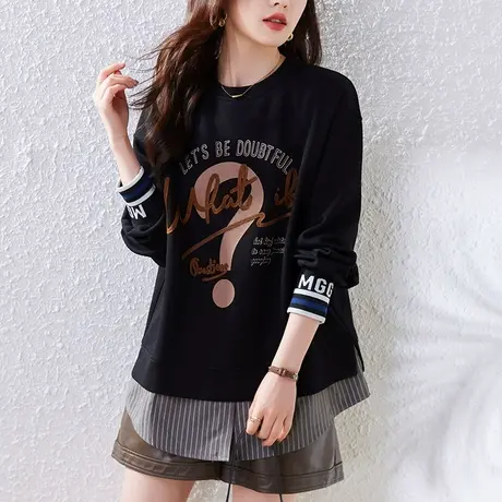 卫衣女春季新款大码女装宽松中长款假两件遮肚子洋气拼接休闲上衣图片