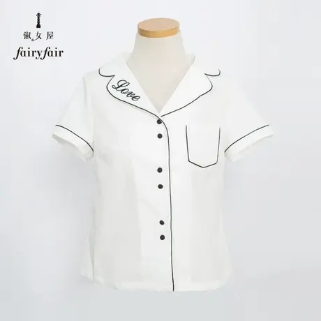 淑女屋字母刺绣翻领单排扣短袖衬衣甜美衬衫上衣图片