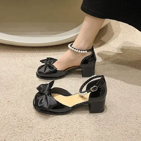 法式粗跟玛丽珍鞋女2024年春秋季新款蝴蝶结浅口单鞋仙女风小皮鞋商品大图