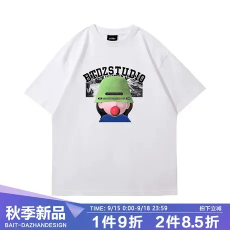 大码落肩短袖潮牌港风吹泡泡的女孩INS风oversize嘻哈全棉五分袖t商品大图