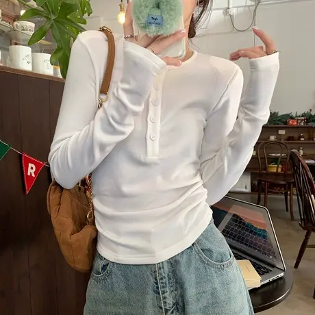 褶皱设计感打底衫女2023新款春秋季修身内搭长袖t恤百搭早春上衣商品大图