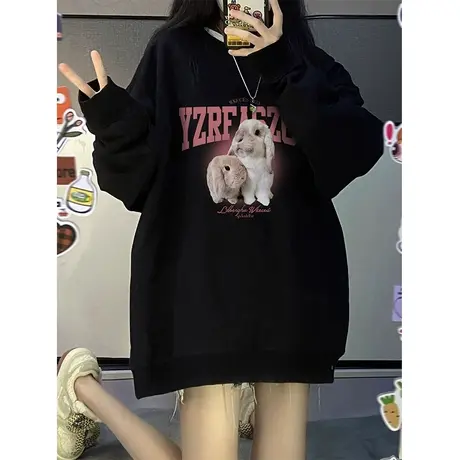 oversize美式复古无帽卫衣女春秋季薄款宽松慵懒风设计感上衣潮牌图片