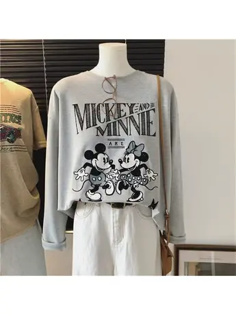花灰色柔软卡通米奇印花宽松长袖春秋季女款休闲时尚纸片人T恤衫商品大图