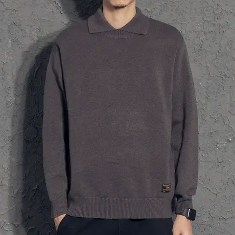 奕飏秋冬加厚翻领套头毛衣男士潮宽松休闲长袖针织衫纯色日系线衣商品大图