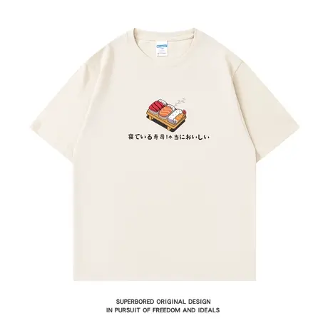 日系复古简约寿司印花短袖t恤男ins港风纯棉宽松圆领半袖体恤衫商品大图