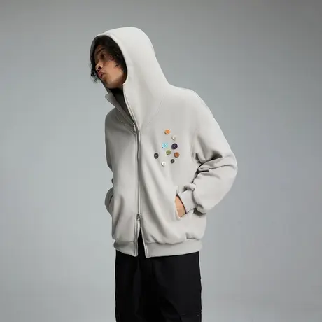 美式潮牌连帽开衫卫衣男士春秋款贴标百搭情侣装短款复古拉链外套商品大图