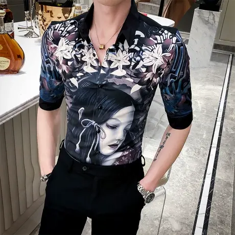 美发型师个性衬衫夏季网红夜场七分袖潮牌花衬衣中袖夏装帅气短袖商品大图