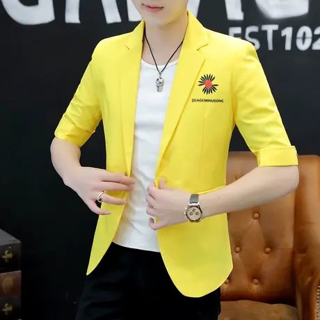 中袖夏季薄款男士小西装ins韩版帅气时尚外套潮流修身七分袖西服商品大图