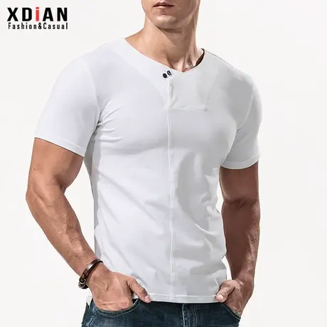 亨利衫男士纯棉修身个性V领纽扣纯色紧身打底衫夏季亨利领上衣潮商品大图