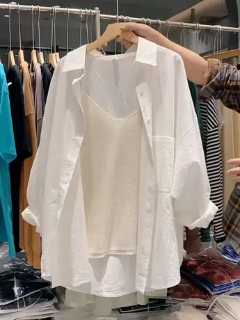休闲慵懒风大版白色衬衫女上衣春夏防晒衣宽松打底衫百搭衬衣外套图片