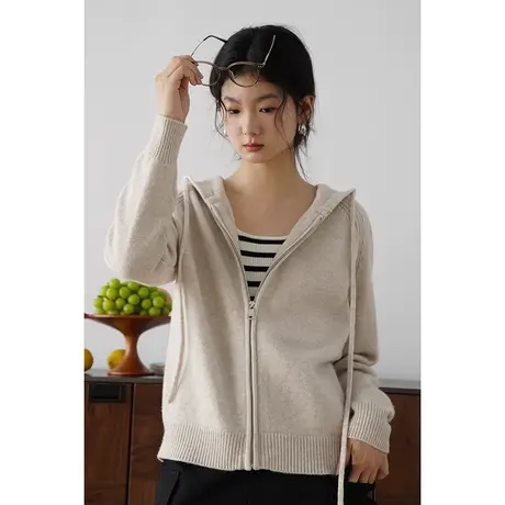 嘉茱莉秋季新款1OO羊毛针织开衫外套女连帽拉链羊毛外套小个子商品大图