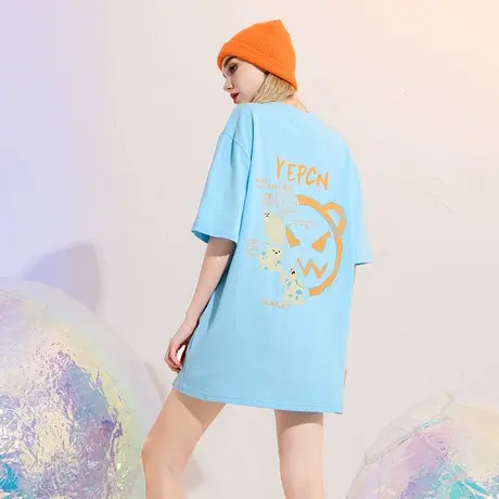 YEP蓝色t恤女短袖纯棉宽松夏装ins潮牌下衣失踪半袖减龄漂亮洋气商品大图