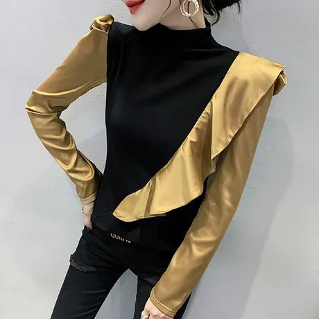 设计感撞色长袖T恤女装小众气质荷叶边上衣内搭半高领打底衫春秋商品大图