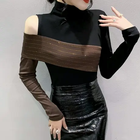 不规则露肩长袖T恤女士欧货修身百搭拼色上衣别致半高领打底衫冬商品大图