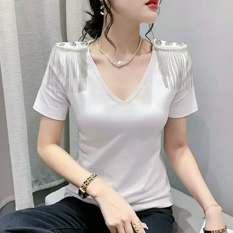 欧货流苏V领T恤女短袖夏季洋气个性别致上衣设计感修身百搭小衫潮商品大图