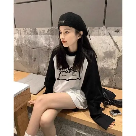 纯棉撞色插肩长袖t恤女2023新款秋冬宽松设计感小众内搭打底上衣图片