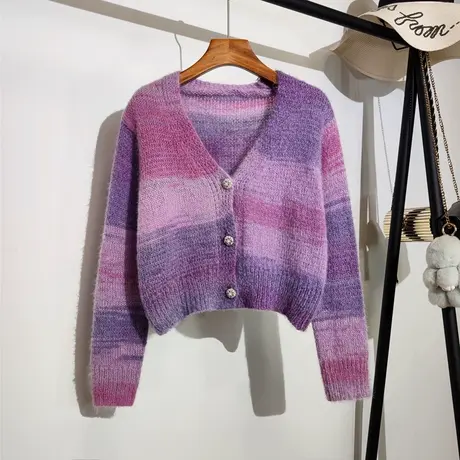 渐变色毛衣外套女2023春装新款宽松v领甜美短款长袖针织开衫上衣商品大图