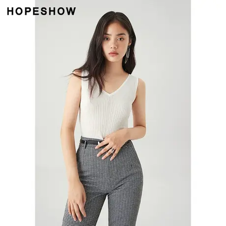 红袖outlets撞色字母提花针织背心hopeshow春季新款女装V领上衣商品大图