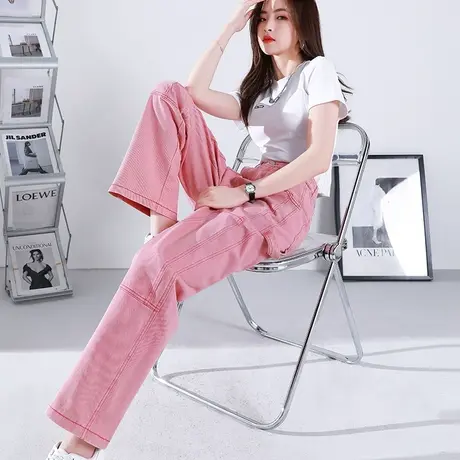 粉色阔腿牛仔裤女夏季薄款2023年新款拖地工装裤高腰直筒裤长裤夏图片