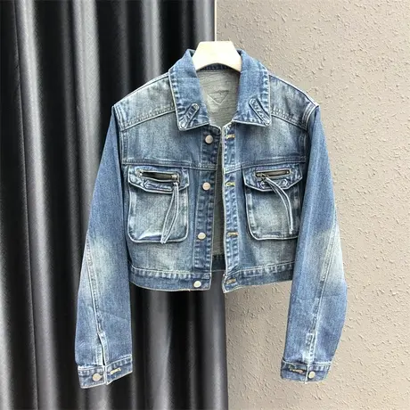 2023秋季新款蓝色单排扣设计感牛仔外套女时尚翻领短款长袖上衣潮图片