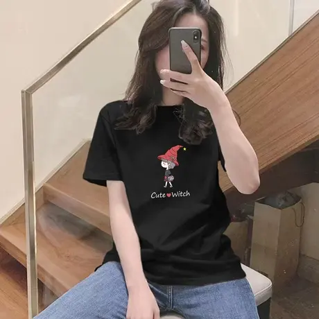 短袖T恤基础款黑色打底衫上衣2023夏装新品纯棉印花宽松显瘦半袖商品大图