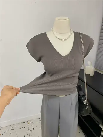 夏季新款冷棕色高级感凉爽冰丝V领修身短袖针织衫气质百搭背心女图片