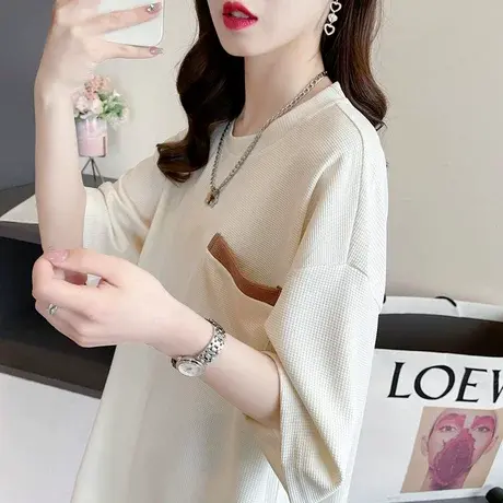 小众设计感短袖t恤女夏季韩版宽松大码女装中长款撞色口袋上衣服商品大图