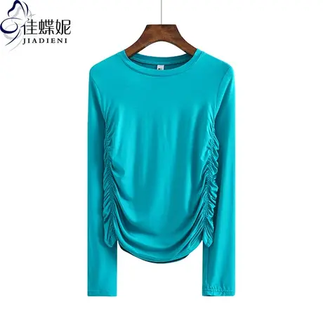 早秋新款圆领纯棉修身抽绳内搭上衣女褶皱打底衫长袖体恤女装T恤商品大图