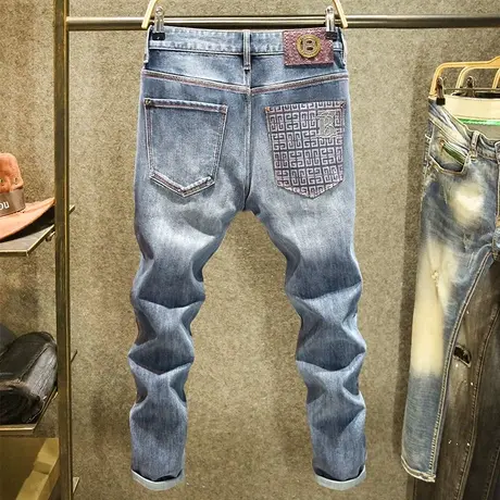 高端轻奢牛仔裤男款春季新款修身直筒裤蓝色简约印花休闲弹力裤子商品大图