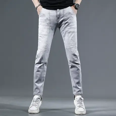 高端破洞牛仔裤男新款夏季薄款灰色修身小脚弹力时尚拼接男士裤子商品大图