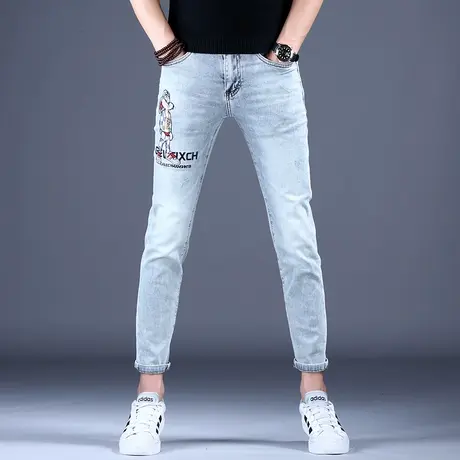 男士刺绣花九分牛仔裤男款修身小脚弹力百搭裤子秋款男裤高端潮牌商品大图