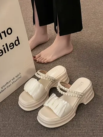 厚底粗跟凉拖鞋女外穿2023年新款夏季时尚百搭珍珠仙女风露趾凉鞋商品大图