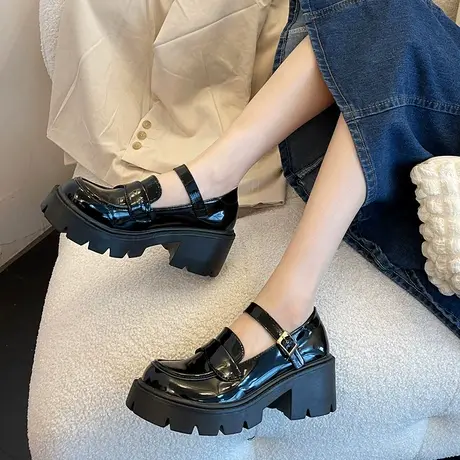 英伦风小皮鞋女配裙子2023年春夏新款英伦复古百搭厚底玛丽珍单鞋商品大图