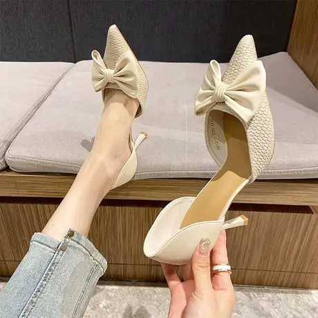 蝴蝶结凉鞋女2023年新款夏季性感少女中空高跟鞋尖头浅口细跟单鞋商品大图