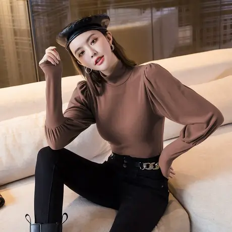 灯笼袖磨毛加厚高领长袖打底衫女2023秋冬新款德绒内搭纯色上衣潮商品大图