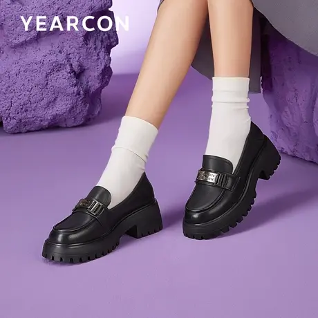 意尔康真皮乐福鞋女2025春季新款金属扣jk单鞋百搭黑色增高小皮鞋商品大图