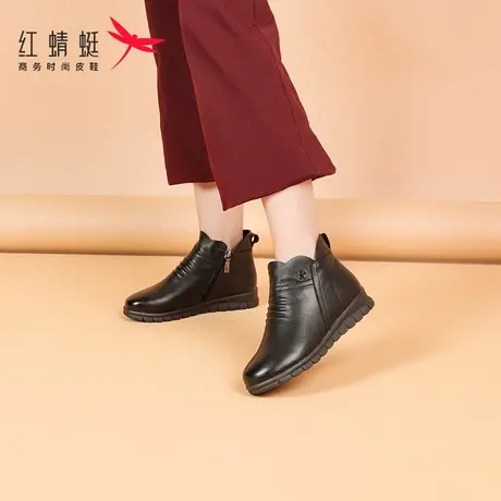 红蜻蜓2023冬季新款复古真皮圆头时尚女靴子短靴女中跟靴加绒保暖图片