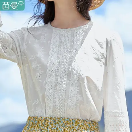 茵曼官方旗舰店白色衬衫女士长袖上衣2023新款法式衬衣纯棉春秋冬商品大图