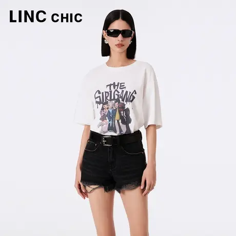 LINCCHIC金羽杰2023秋季新款时髦趣味印花白色圆领中长款T恤女商品大图