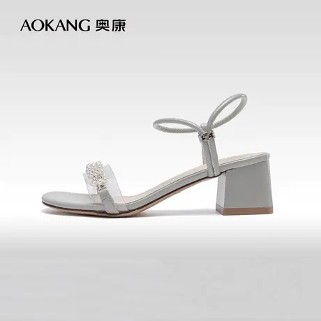 奥康女鞋 2023夏季新款时尚露趾水钻纯色一字带女士粗跟女凉鞋潮图片