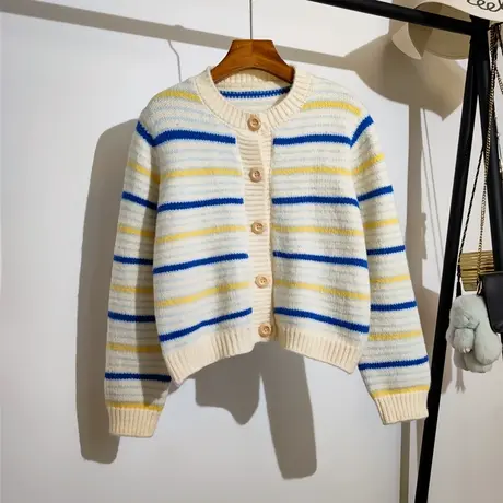 条纹撞色针织开衫女秋冬新款韩系宽松圆领显瘦学院风长袖毛衣外套商品大图