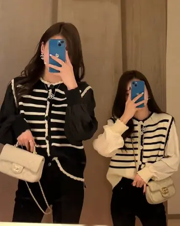 2023春季新款黑白条纹拼接假两件针织上衣女洋气高级感泡泡袖上衣商品大图