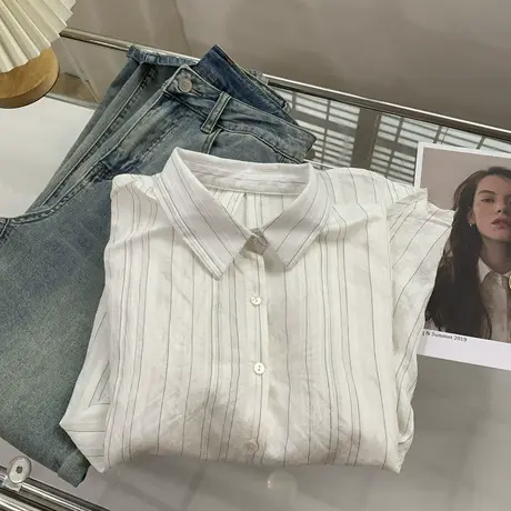 牙签褶皱条纹衬衫女早秋新款宽松休闲气质百搭简约风长袖衬衣外套图片
