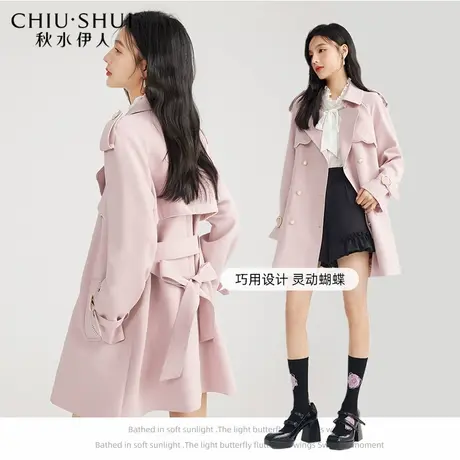 秋水伊人断码清仓黑色垂感风衣女春秋休闲宽松中长款小个子外套图片