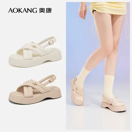 奥康女鞋 夏季新款厚底面包凉鞋韩版中跟一字扣露趾时尚拖鞋图片