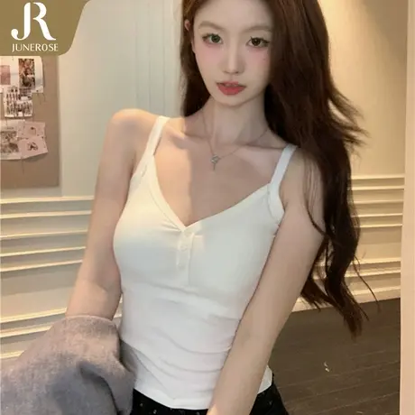 六月玫瑰打底背心纯欲别致V领纽扣吊带背心女带胸垫免穿文胸4196商品大图