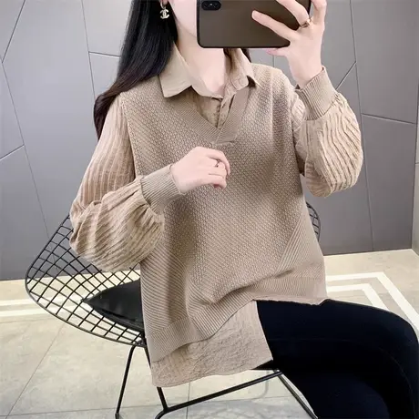 春装宽松假两件衬衫拼接针织衫女2025新款春秋薄款打底衫长袖上衣商品大图