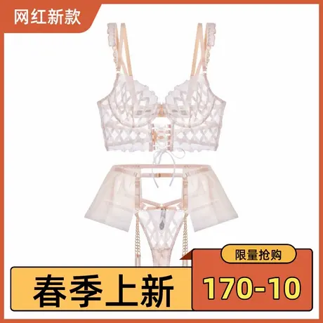 欧美ins少女法式镂空链条绑带菱形网格刺绣文胸套装性感内衣图片