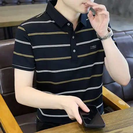 珠地丝光棉男士POLO衫2025夏季高端商务衬衫领短袖T恤条纹上衣服商品大图